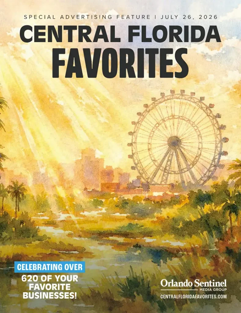 a Ferris Wheel Stands Tall Against a Sunset Sky with Palm Trees and a City Skyline. Text Promotes Central Florida Favorites and Celebrates over 620 Local Businesses. Orlando Sentinel Logo is at the Bottom. - Favorite Grampy Travels - Favorite Grampy Travels 2026 - Favorite Grampy Travels 2026