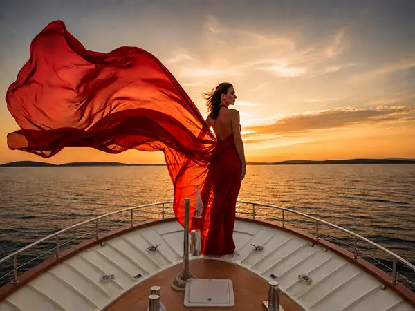 a Woman in a Flowing Red Dress Stands on a Boats Bow at Sunset, Her Dress Billowing in the Wind over the Water, with the Sun Setting Behind Distant Hills. - Favorite Grampy Travels - Lastavica Cruising - Favorite Grampy Travels 2026 - Favorite Grampy Travels 2026