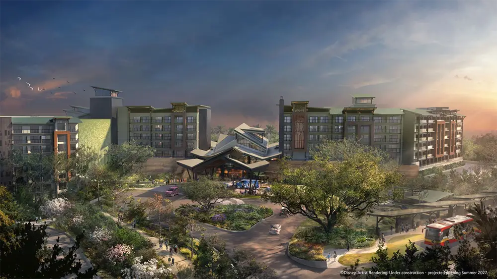 Disney-lakeshore-lodge-exterior-overview-rendering - Favorite Grampy Travels a Resort Complex with Modern Multi-story Buildings, Lush Landscaping, and a Grand Entrance at Sunset; Vehicles, Including a Fire Truck, Are Parked Near the Circular Driveway. - Favorite Grampy Travels - Favorite Grampy Travels 2026