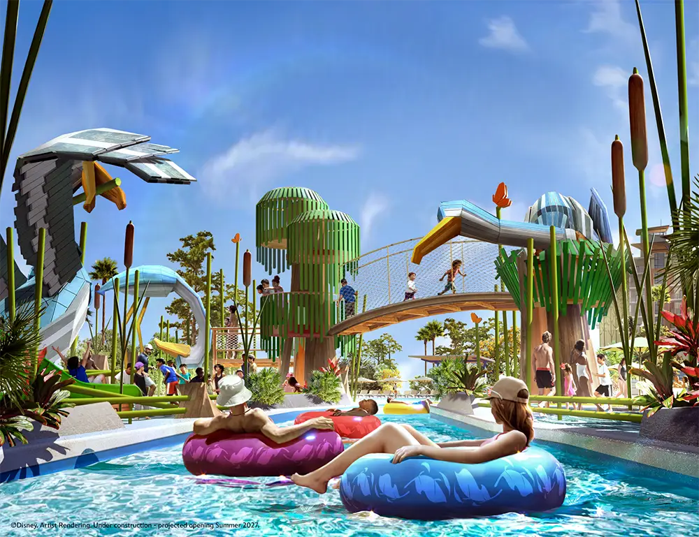 First-look-at-the-wetlands-at-disney-lakeshore-lodge - Favorite Grampy Travels People Float on Colorful Tubes in a Water Parks Lazy River, Surrounded by Tropical Plants, Playful Structures, and a Bridge. the Sky is Bright and Clear, and the Atmosphere is Fun and Relaxing. - Favorite Grampy Travels - Favorite Grampy Travels 2026
