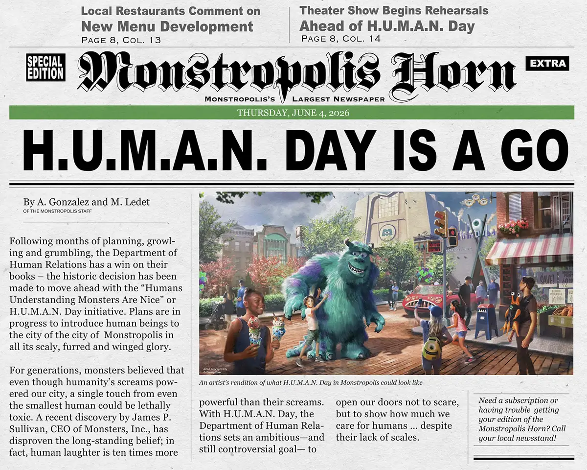 Monstropolis Horn newspaper front page with the H.U.M.A.N. Day headline