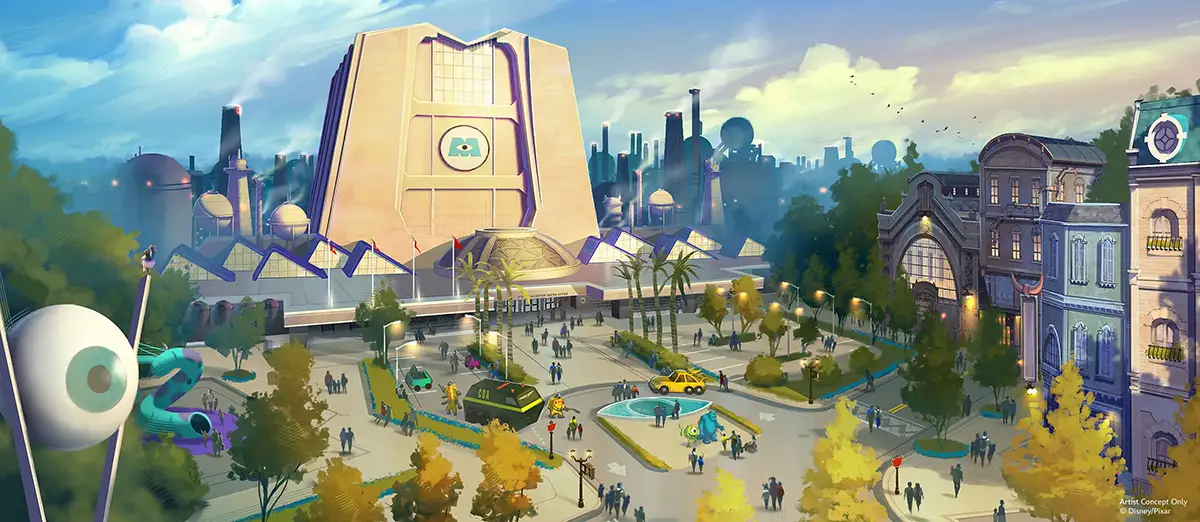 Monsters Inc factory and plaza concept art in Monstropolis