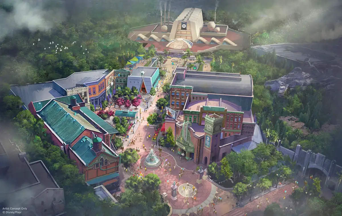 Aerial concept art of the Monstropolis land at Disney Hollywood Studios