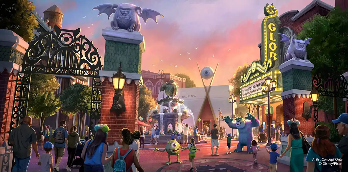 Monstropolis land entrance and Glob Theater marquee concept art