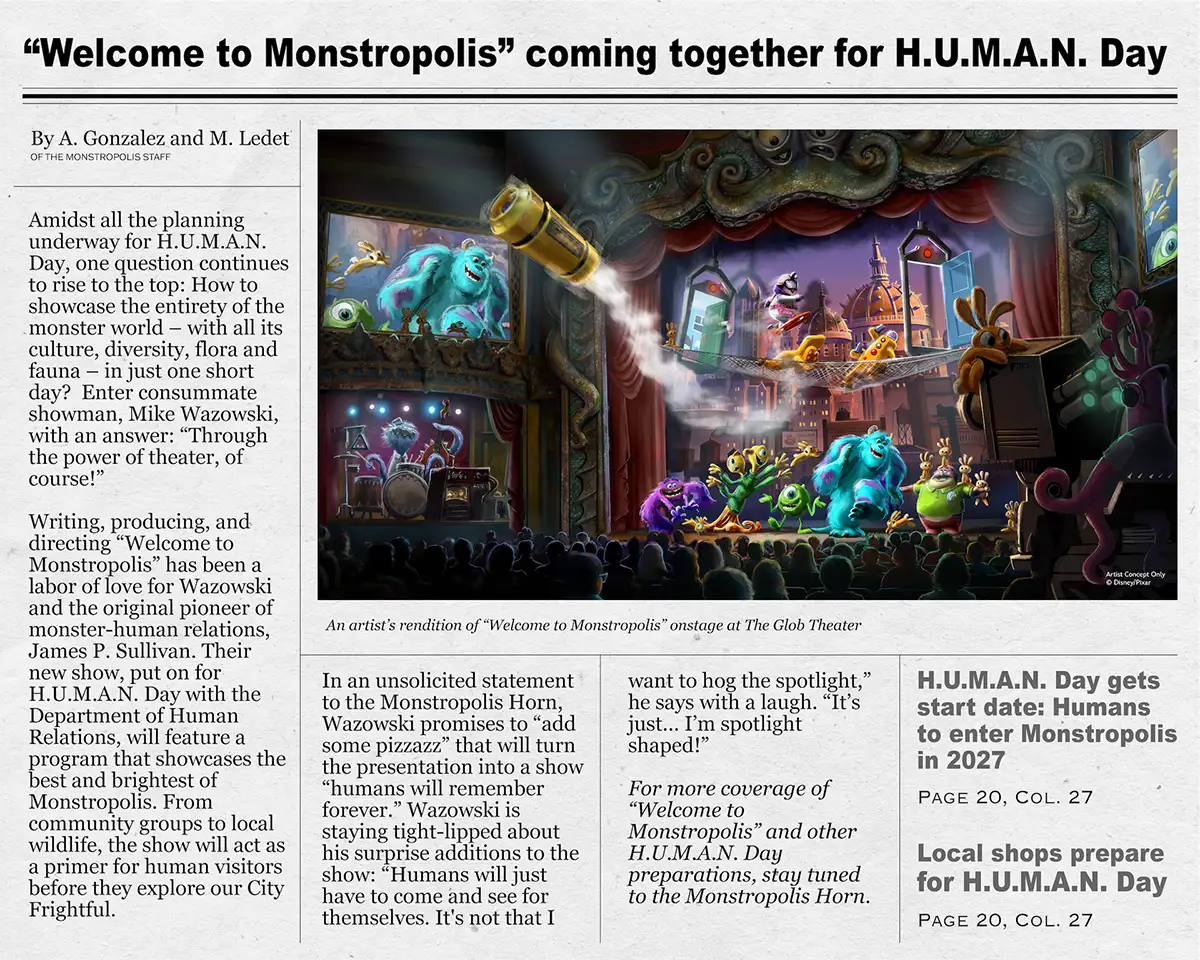 Welcome to Monstropolis stage show at the Glob Theater in the Monstropolis Horn newspaper