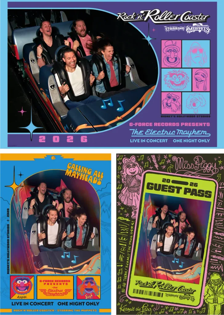 Four Adults Ride a Roller Coaster, Smiling and Raising Their Hands. the Image is Featured in Colorful Mock Concert and Guest Pass Posters with Cartoon Art and Musical Themes. - Favorite Grampy Travels - Favorite Grampy Travels 2026