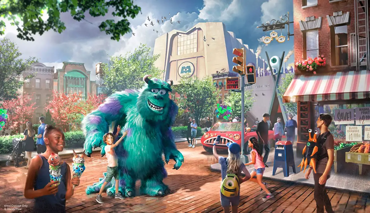 Sulley greeting families on a Monstropolis street at Disney Hollywood Studios