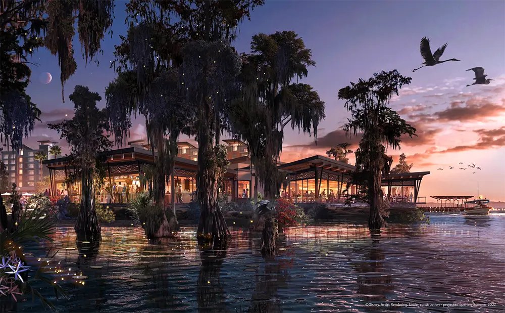 Wdw-lakeshore-lodge-moonglade-lakefront-artists-rendering - Favorite Grampy Travels a Lakeside Restaurant Glows at Sunset, Surrounded by Cypress Trees, Spanish Moss, and Water. Birds Fly Overhead and People Dine Inside, Enjoying the Scenic View. - Favorite Grampy Travels - Favorite Grampy Travels 2026