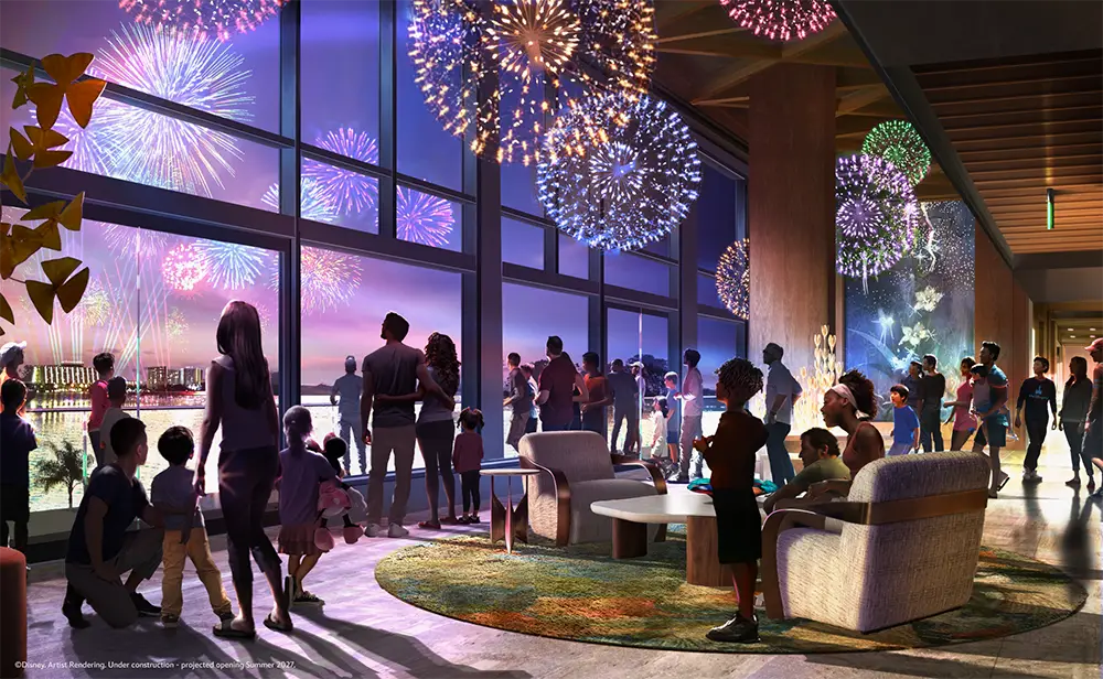 Wdw-lakshore-lodge-dandelion-terrace-rendering - Favorite Grampy Travels People of All Ages Watch Colorful Fireworks Through Large Windows in a Modern, Lounge-style Room at Night. Some Stand While Others Sit, Creating a Festive and Lively Atmosphere Indoors. - Favorite Grampy Travels - Favorite Grampy Travels 2026