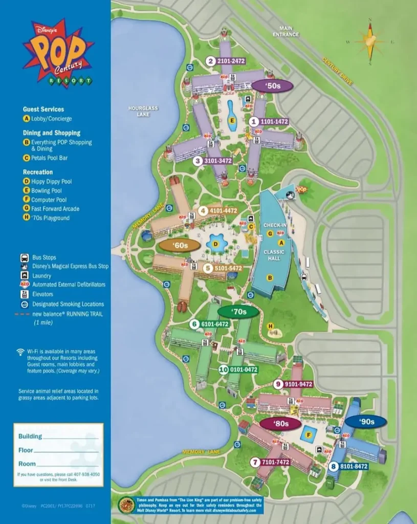 Wdw-pop-century-resort-map - Favorite Grampy Travels Colorful Resort Map Showing Disneys Pop Century Resort, Divided into Themed Sections with Labeled Buildings, Pools, Icons for Dining, Recreation, and Transportation Stops, Plus Paths, a Lake, and the Main Entrance at the Top. - Favorite Grampy Travels - Favorite Grampy Travels 2026