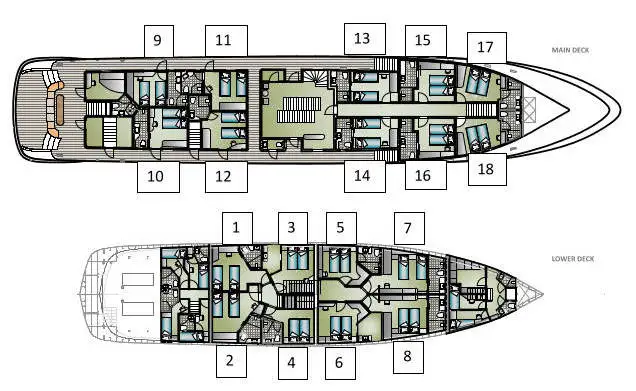 Numbered deck plan of the yacht Lastavica showing cabins 1 to 8 on the lower deck and cabins 9 to 18 on the main deck