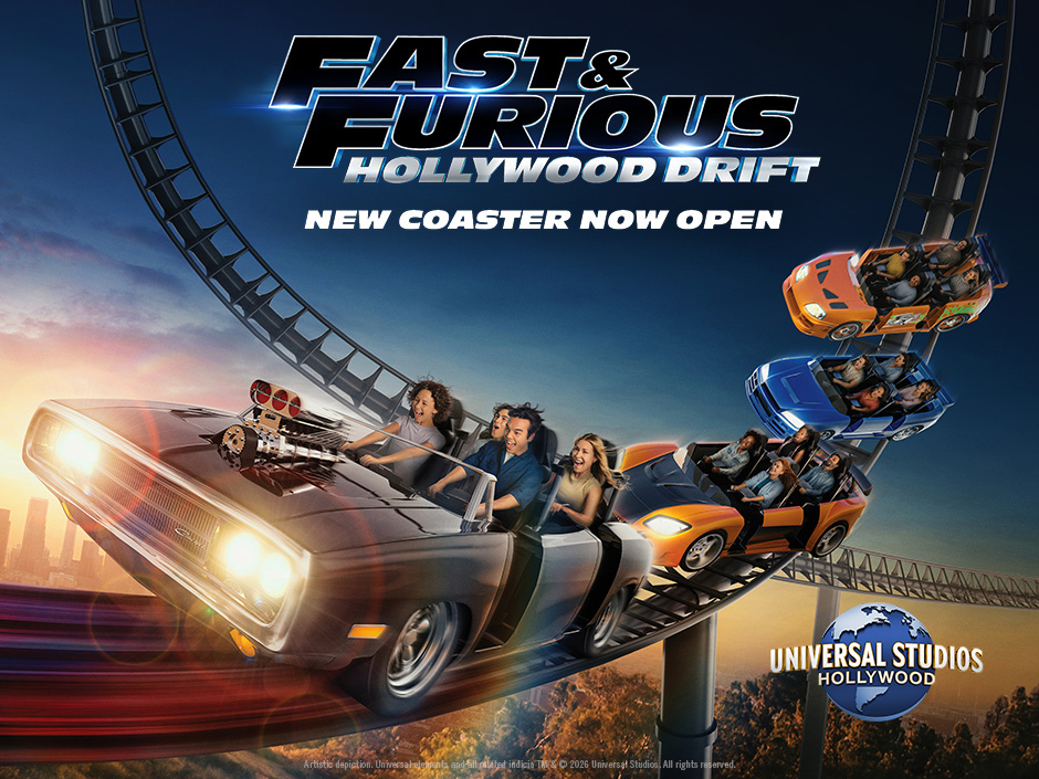 People ride a roller coaster designed like cars from Fast & Furious, speeding through thrilling looped tracks in the background. Text reads Fast & Furious: Hollywood Drift – New Coaster Now Open at Universal Studios Hollywood. The Universal Studios Hollywood logo is visible. - Favorite Grampy Travels