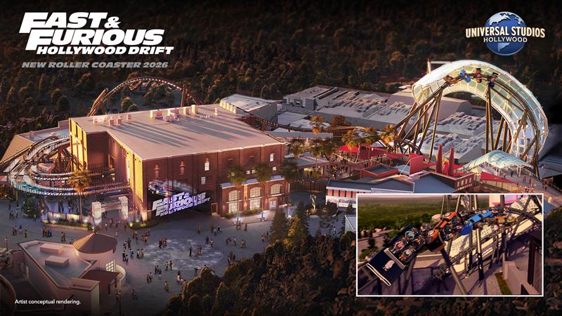 Aerial view of Universal Studios Hollywood with a new Fast & Furious: Hollywood Drift roller coaster, featuring a loop and cars on tracks, opening in 2026. Inset shows close-up of coaster cars on a steep curve, capturing the high-speed thrills inspired by Universal’s iconic Fast & Furious franchise. - Favorite Grampy Travels