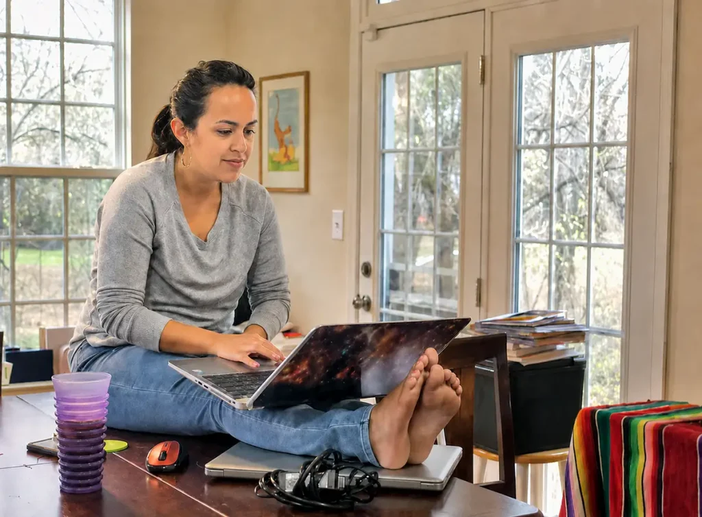Travel Agent sitting cross-legged on a table at home, using a laptop with her feet up, in a bright room with large windows. Nearby is a cup and a mouse. - Favorite Grampy Travels