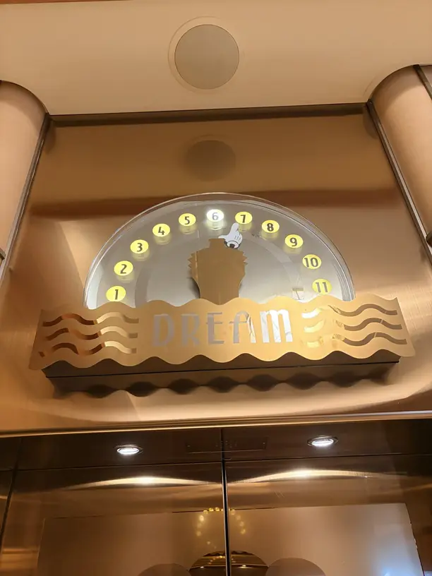 The elevator floor dial on the Disney Dream with a Mickey glove pointing to the deck