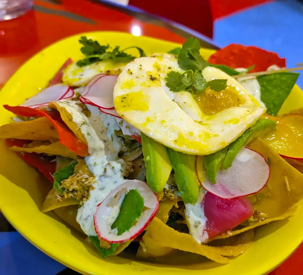 Breakfast entree of tortilla chips topped with a fried egg, avocado, radish and crema at the Grinch breakfast at Universal Orlando