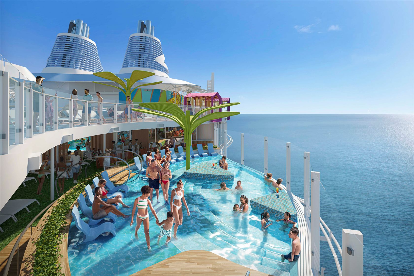 Guests in the Cove Pool, whose infinity edge looks out over the ocean on Icon of the Seas
