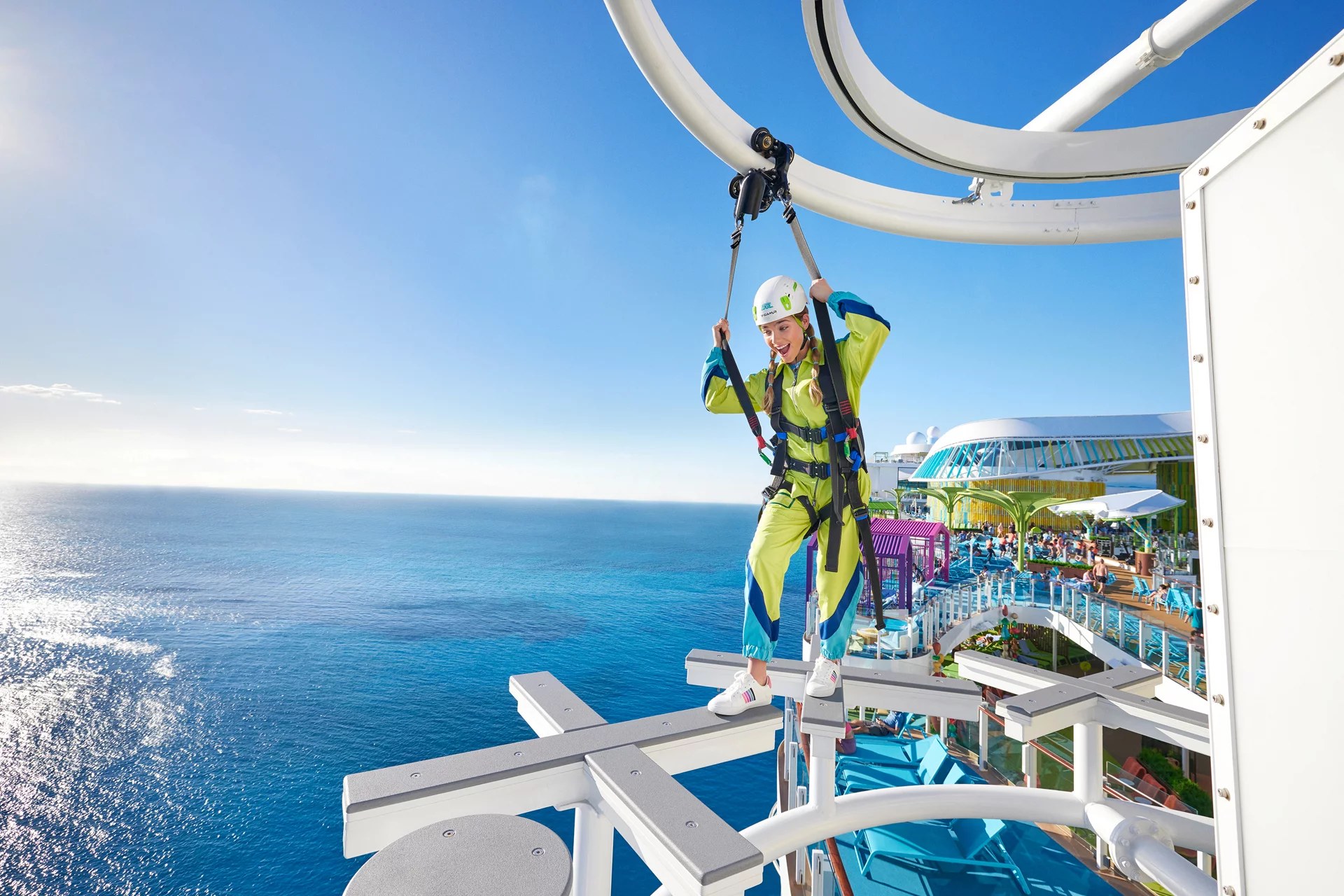 Rider on Crown's Edge high above the ocean on Icon of the Seas