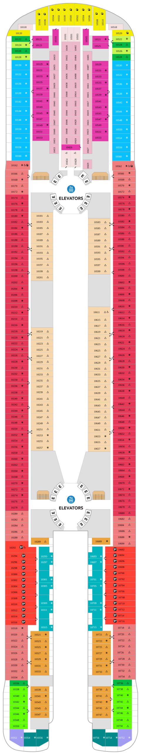 Icon of the Seas Deck 10 deck plan with stateroom numbers 10100 to 10756