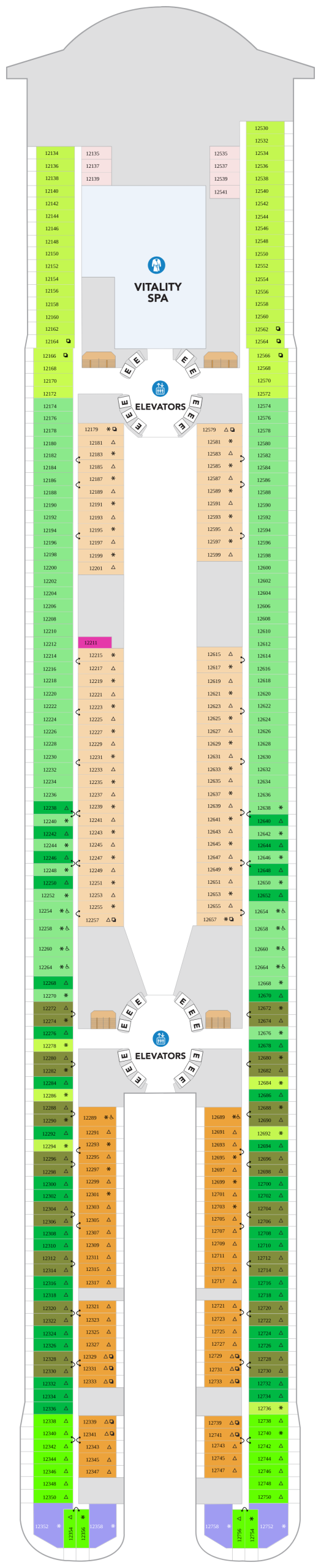 Icon of the Seas Deck 12 deck plan showing the Vitality Spa and stateroom numbers 12134 to 12758