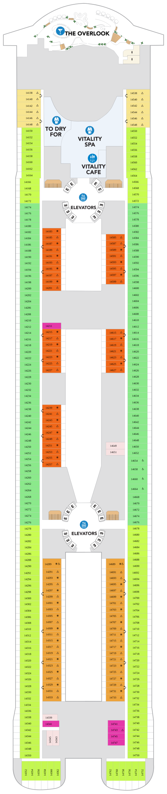 Icon of the Seas Deck 14 deck plan showing The Overlook, the Vitality Spa and stateroom numbers 14138 to 14762