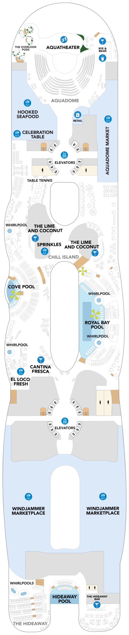 Icon of the Seas Deck 15 deck plan showing the AquaDome, Chill Island pools and The Hideaway
