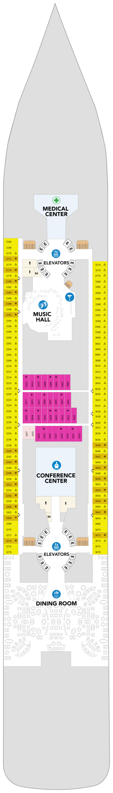 Icon of the Seas Deck 3 deck plan with the Music Hall, Dining Room and stateroom numbers