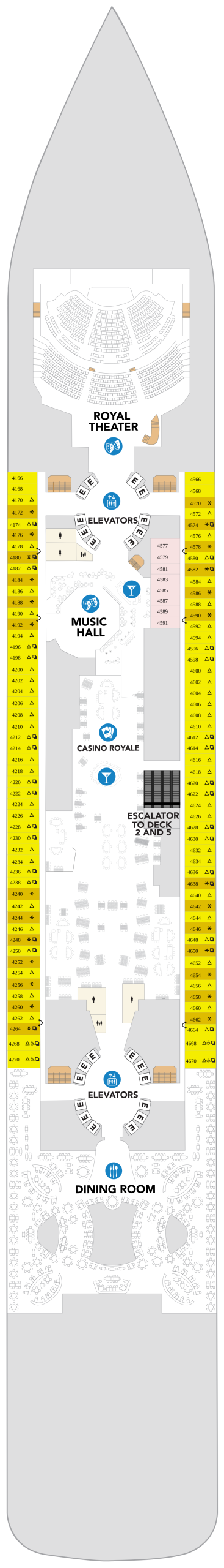 Icon of the Seas Deck 4 deck plan with the Royal Theater, Casino Royale and stateroom numbers