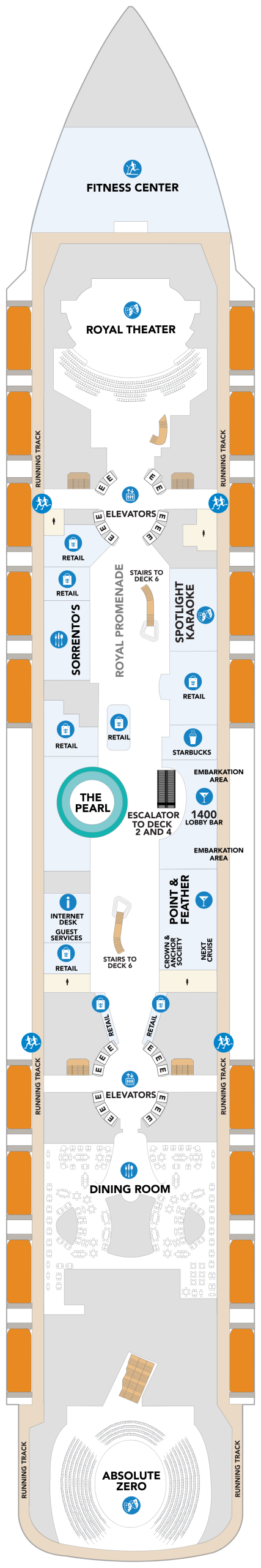 Icon of the Seas Deck 5 deck plan showing the Royal Theater, the lower Royal Promenade, The Pearl, the Dining Room and Absolute Zero
