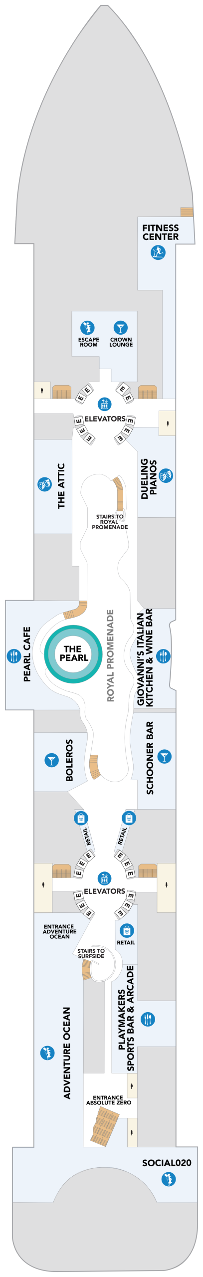 Icon of the Seas Deck 6 deck plan showing the Royal Promenade, Pearl Cafe, Adventure Ocean and Social020
