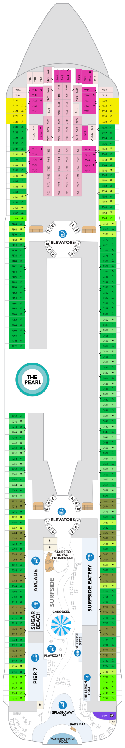 Icon of the Seas Deck 7 deck plan showing Surfside at the aft and staterooms 7108 to 7746