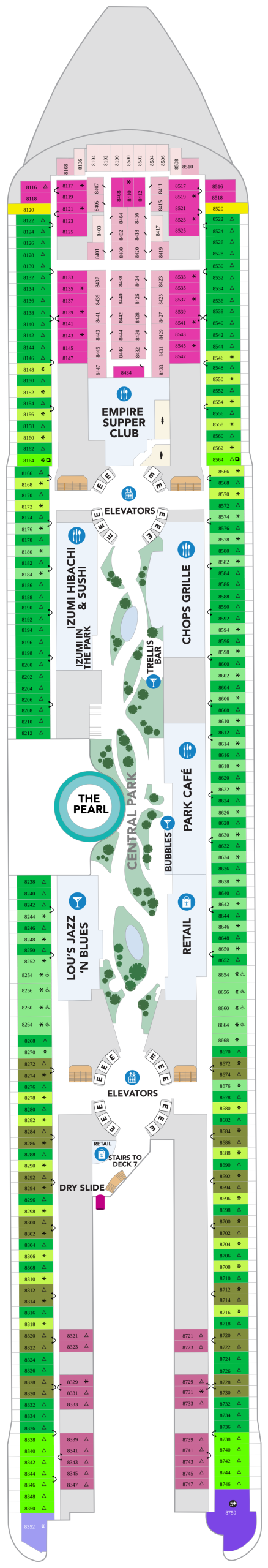 Icon of the Seas Deck 8 deck plan showing Central Park and staterooms 8100 to 8750