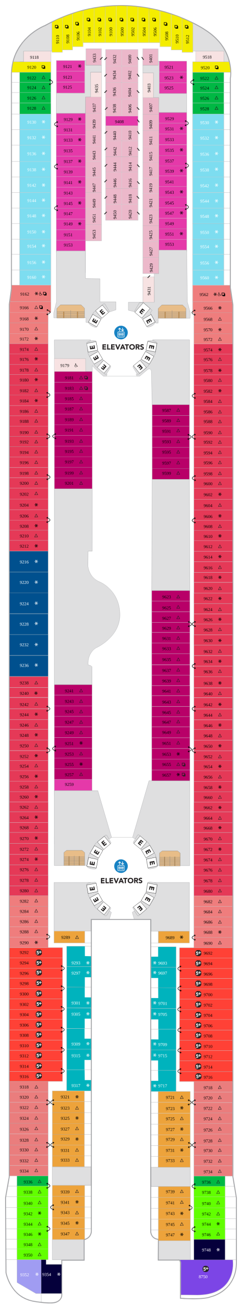 Icon of the Seas Deck 9 deck plan with stateroom numbers 9100 to 9748