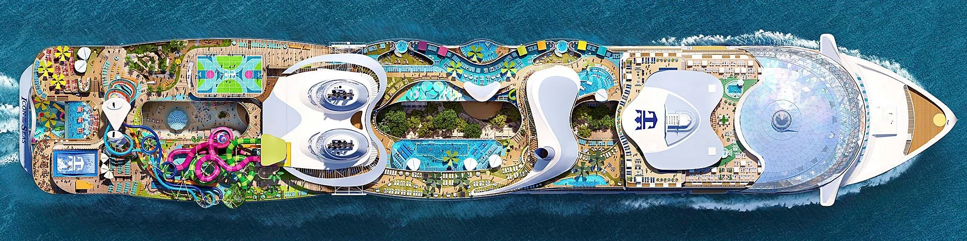 Top-down view of Icon of the Seas with the AquaDome at the front, Chill Island pools midship and the Category 6 waterslides at the back