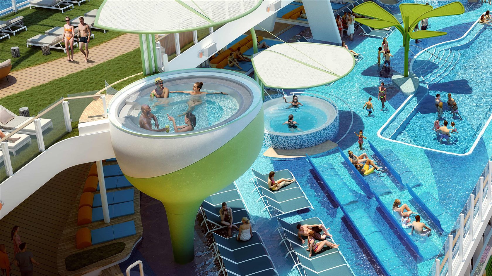 Aerial view of the Royal Bay Pool and raised whirlpools on Icon of the Seas