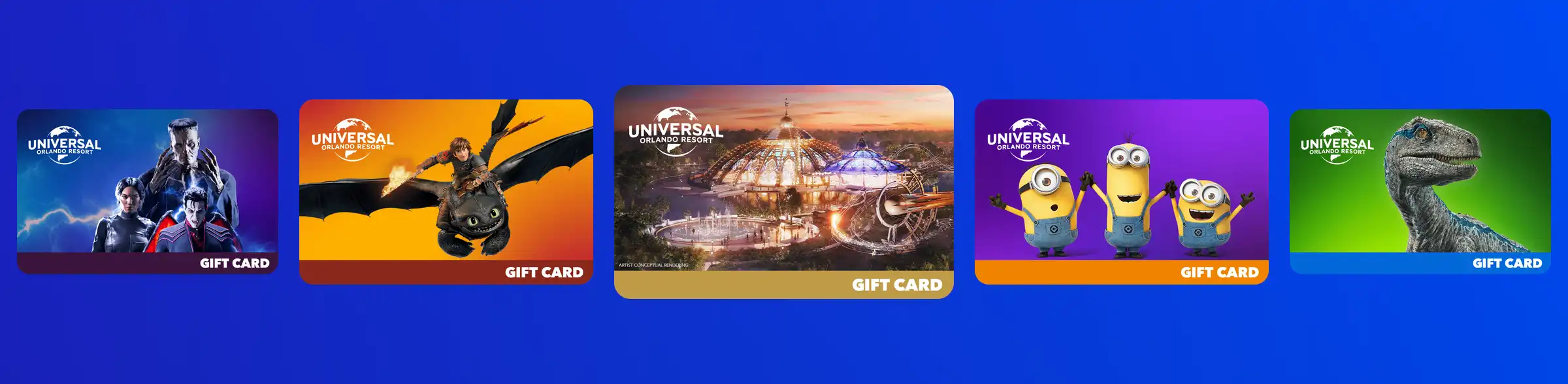 Five Universal Orlando Resort gift cards with Minions, Jurassic World and How to Train Your Dragon designs