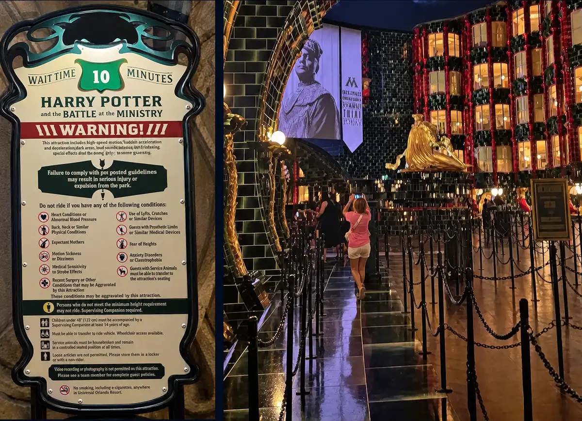 Harry Potter and the Battle at the Ministry sign showing a 10 minute wait during Universal Nights
