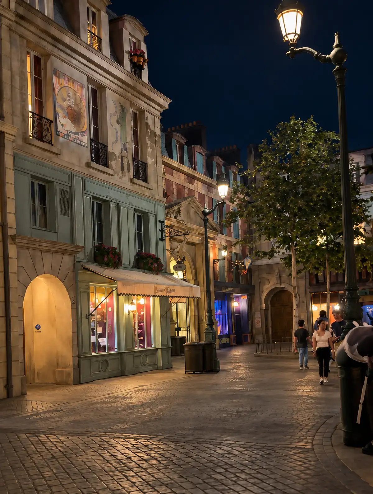 A nearly empty Ministry of Magic street at night during Universal Nights at Epic Universe