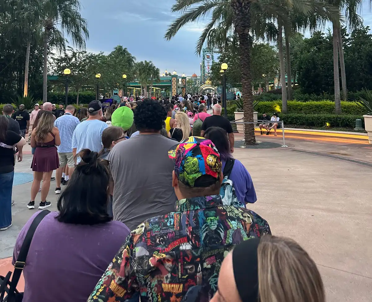 The entrance line for Universal Nights at Epic Universe at 7:00 PM