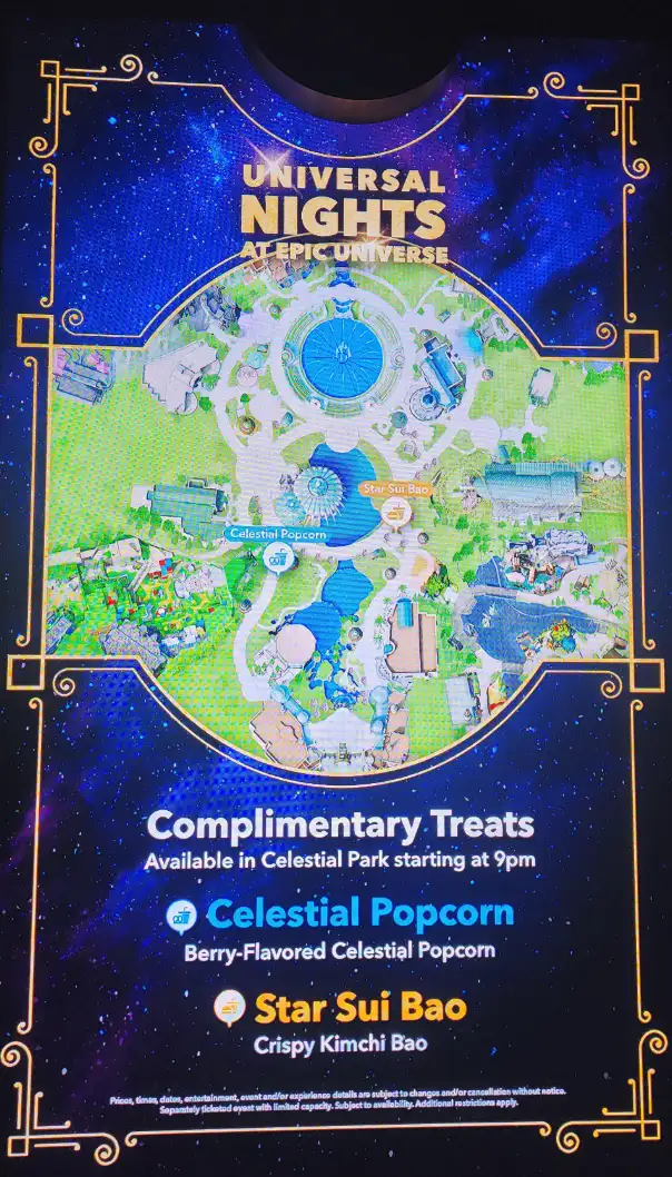 Universal Nights sign showing where to find the included Celestial Popcorn and Kimchi Bao in Celestial Park