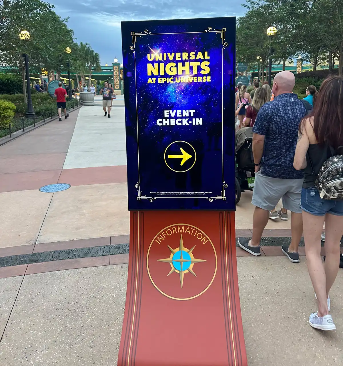 Universal Nights at Epic Universe event check-in sign