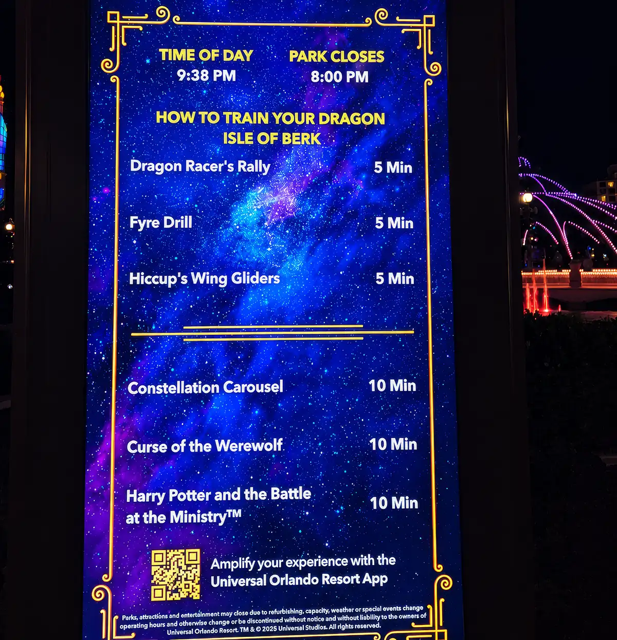 Posted wait times board at Universal Epic Universe at 9:38 PM during Universal Nights showing 5 and 10 minute waits