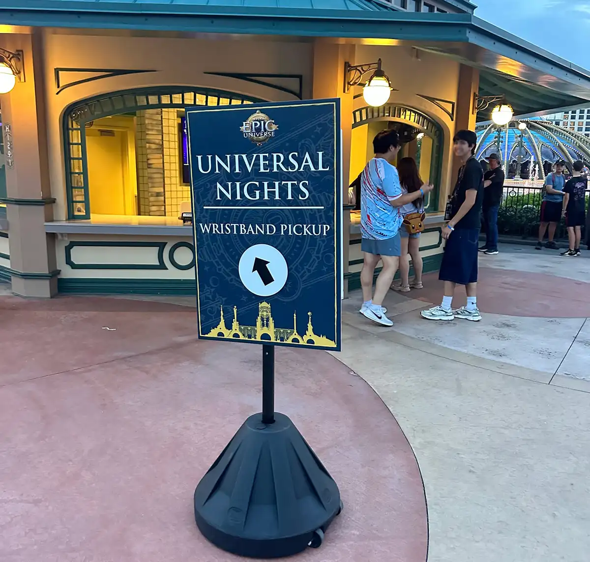 Universal Nights wristband pickup sign at Universal Epic Universe