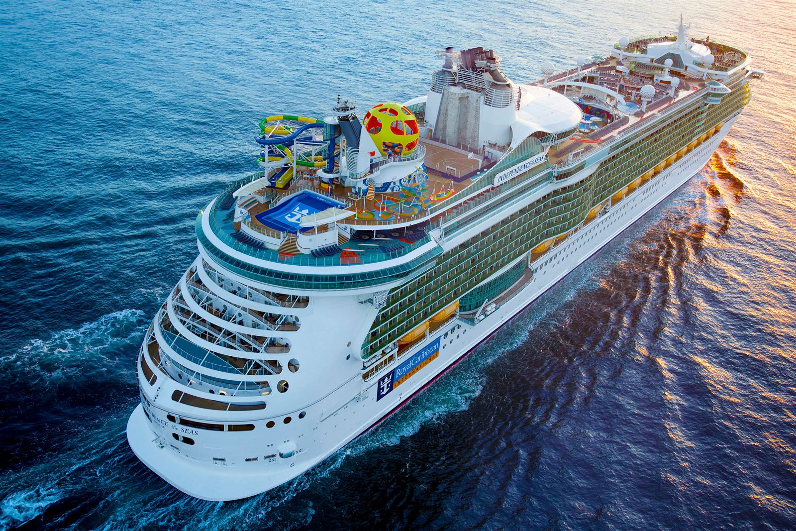 Aerial view of Royal Caribbean's Independence of the Seas, a Freedom Class ship, sailing at sea