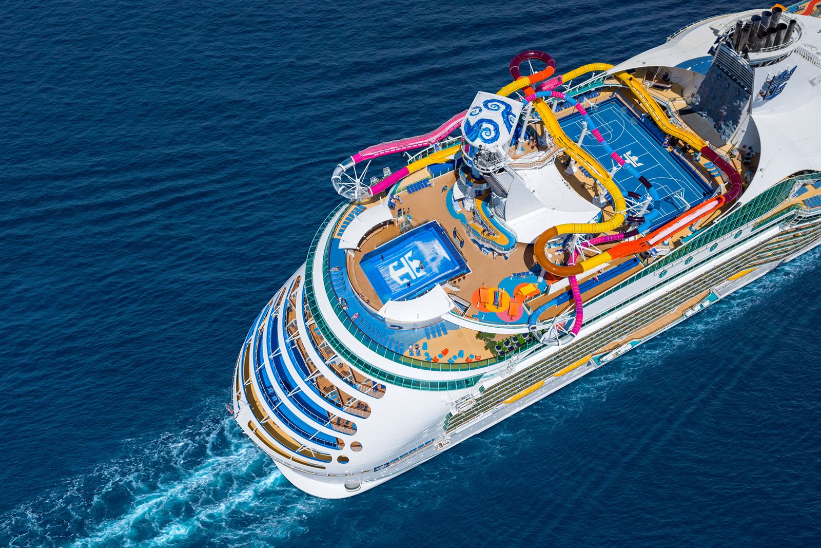 Aerial view of the waterslides on Royal Caribbean's Navigator of the Seas, a Voyager Class ship