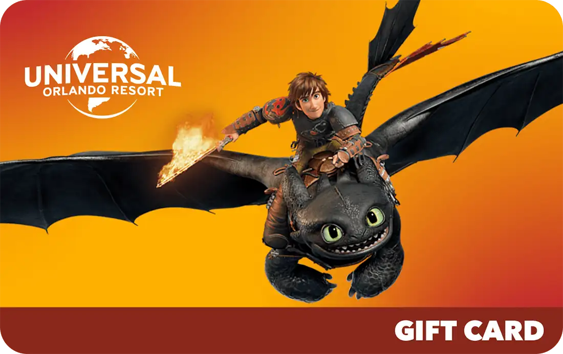 Universal Orlando Resort gift card with Hiccup riding Toothless for a child to spend