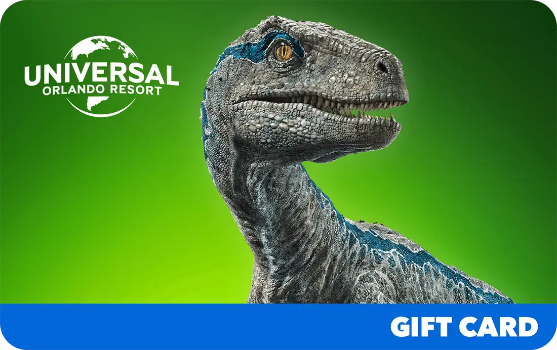 Universal Orlando Resort gift card with a blue velociraptor design